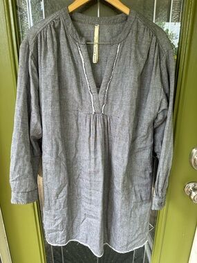 Uncle Frank Gray Cotton Pockets Shift Dress V Neck Long Sleeves Frayed Med Large